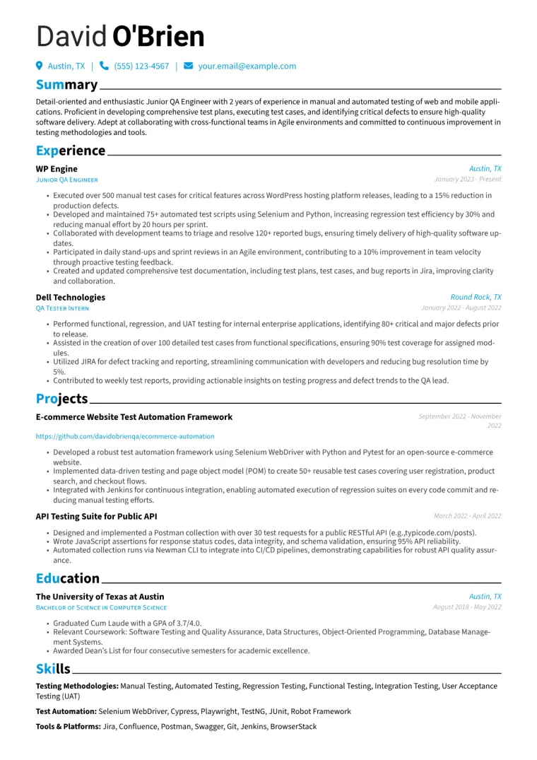 Junior QA Engineer Resume Example CV template preview