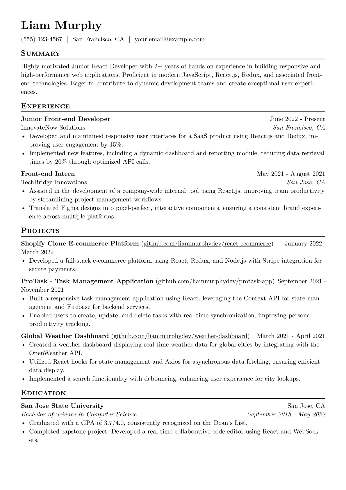 Junior React Developer Resume Example CV template - Page 1