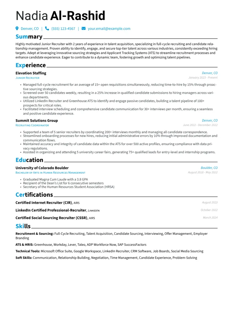 Junior Recruiter Resume Example CV template preview