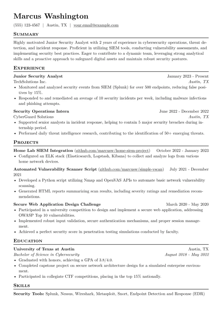 Junior Security Analyst Resume Example CV template preview