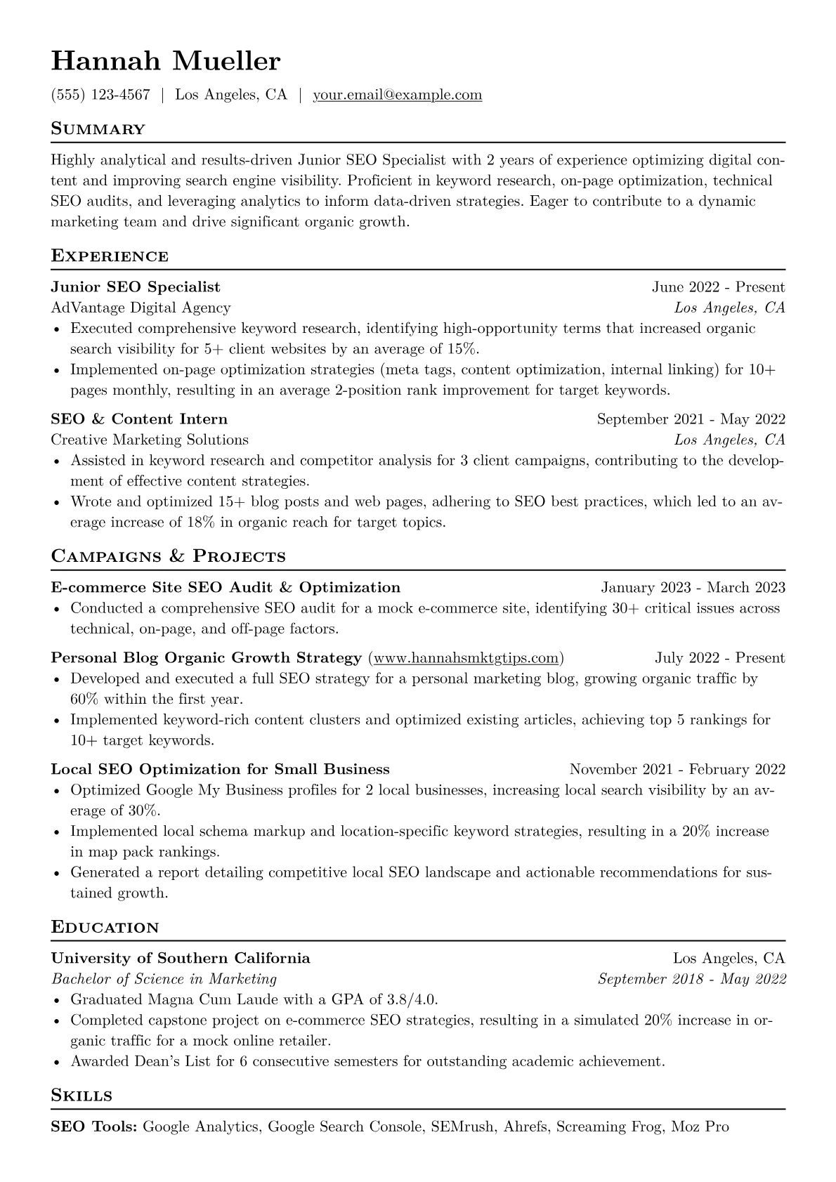 Junior SEO Specialist Resume Example CV template - Page 1