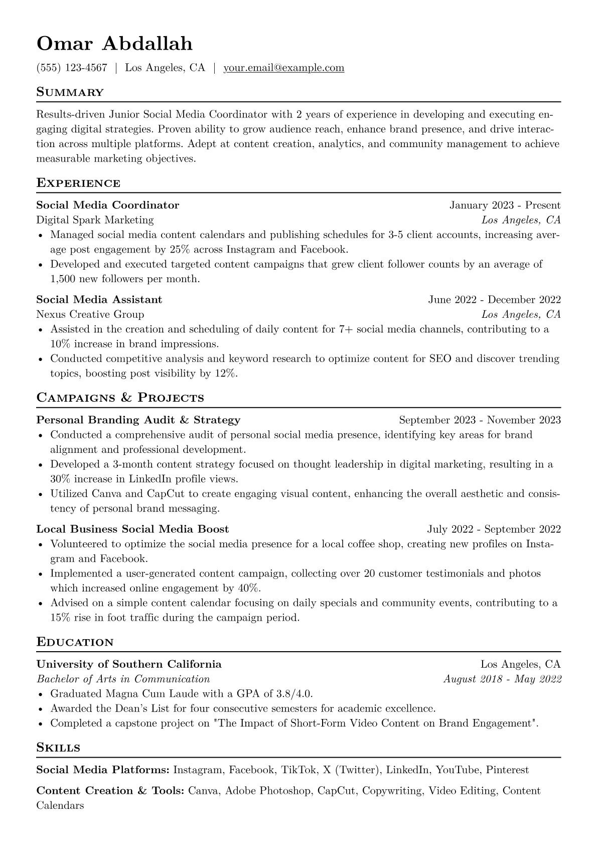 Junior Social Media Coordinator Resume Example CV template - Page 1