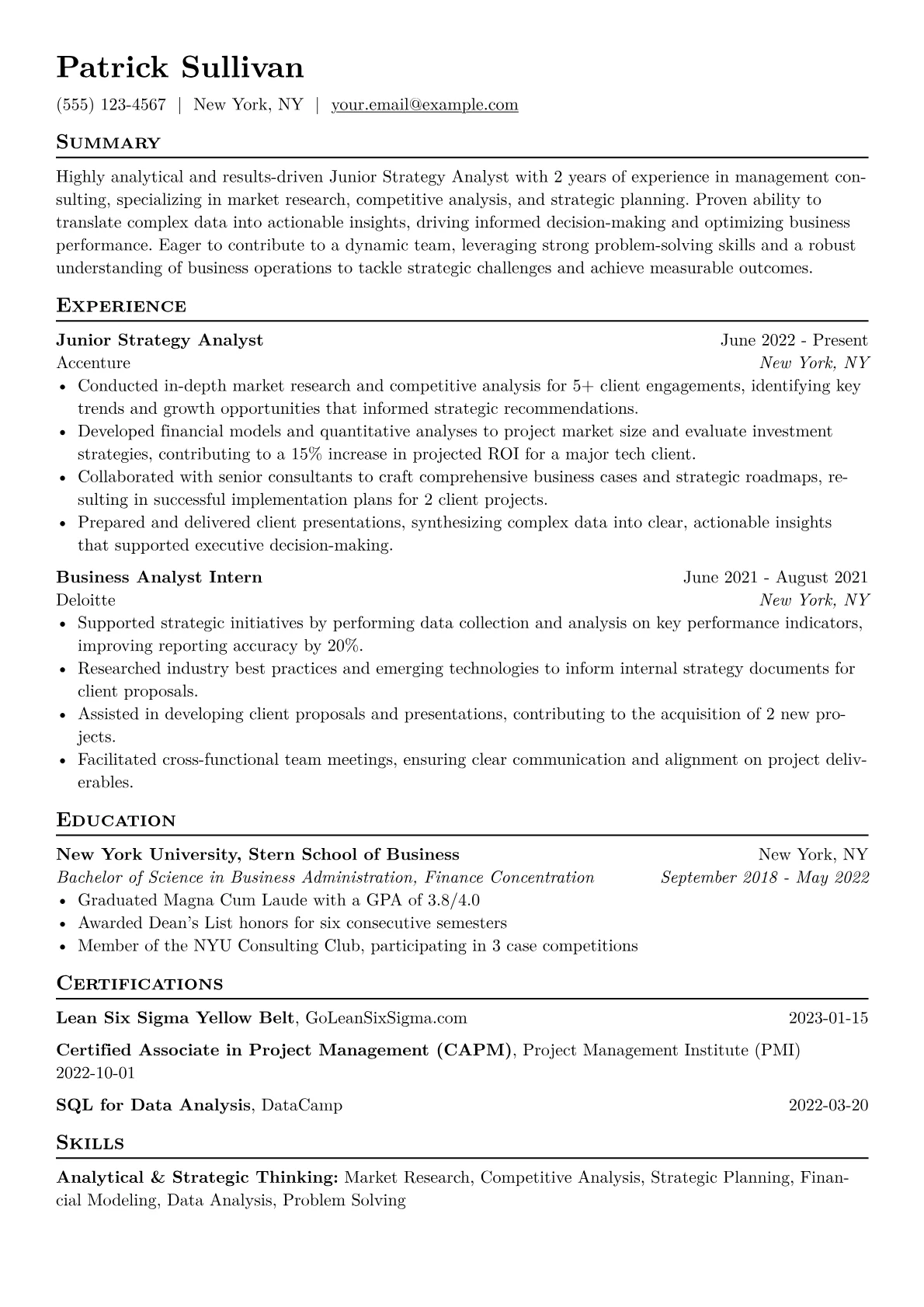 Junior Strategy Analyst Resume Example CV template - Page 1
