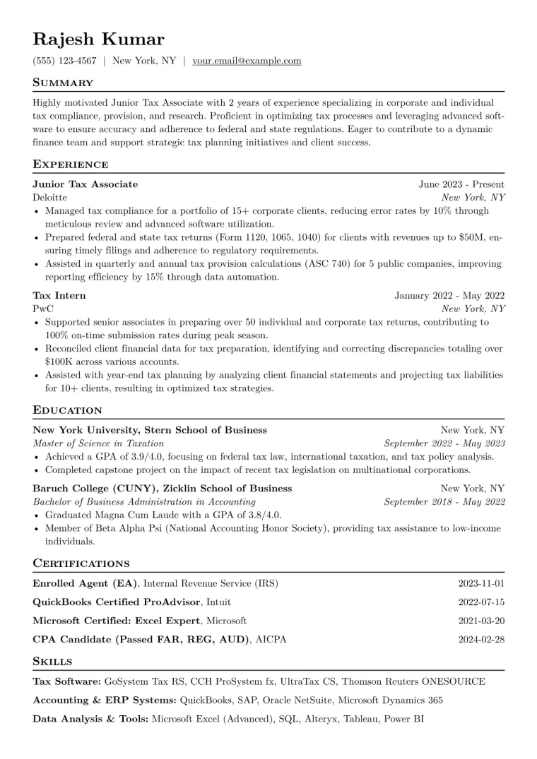 Junior Tax Associate Resume Example CV template preview