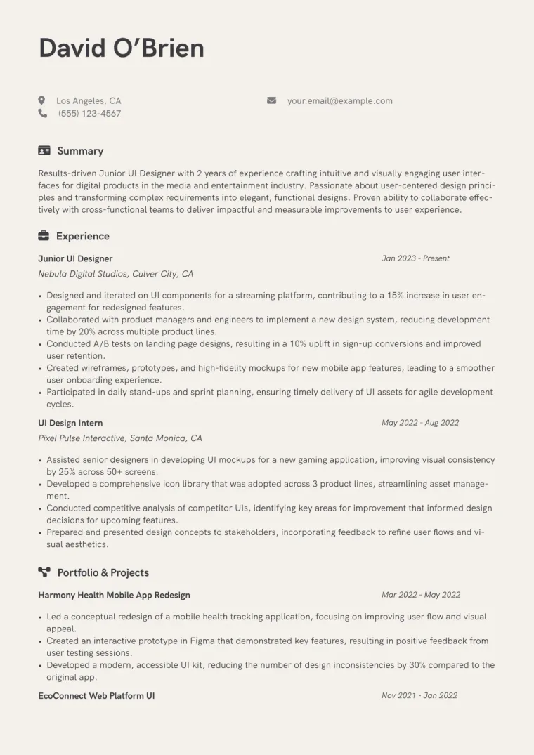 Junior UI Designer Resume Example CV template preview