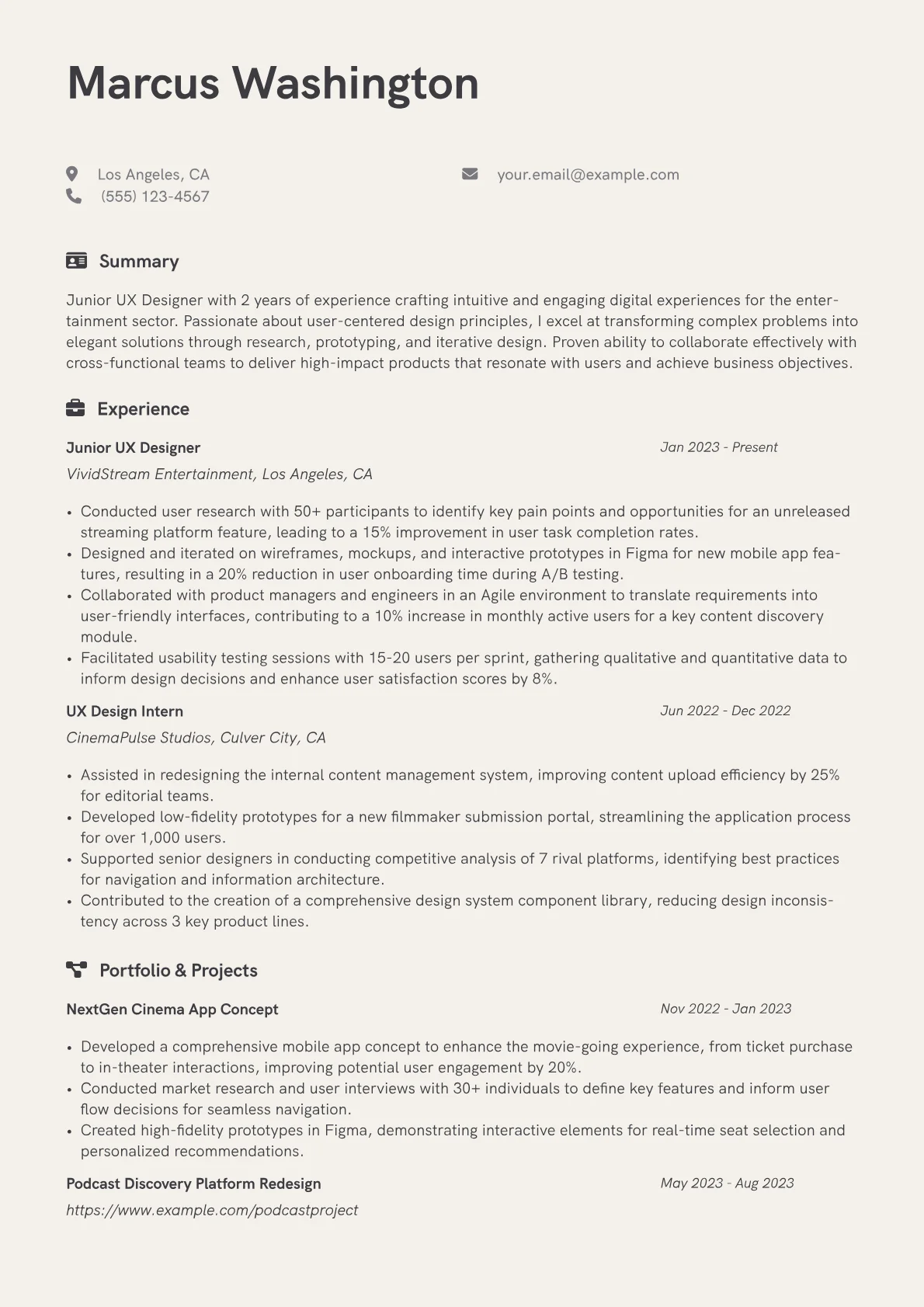 Junior UX Designer Resume Example CV template - Page 1
