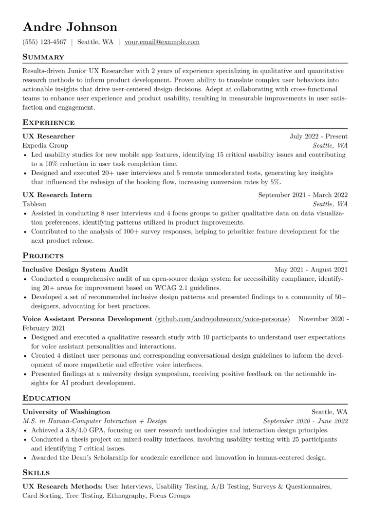 Junior UX Researcher Resume Example CV template preview