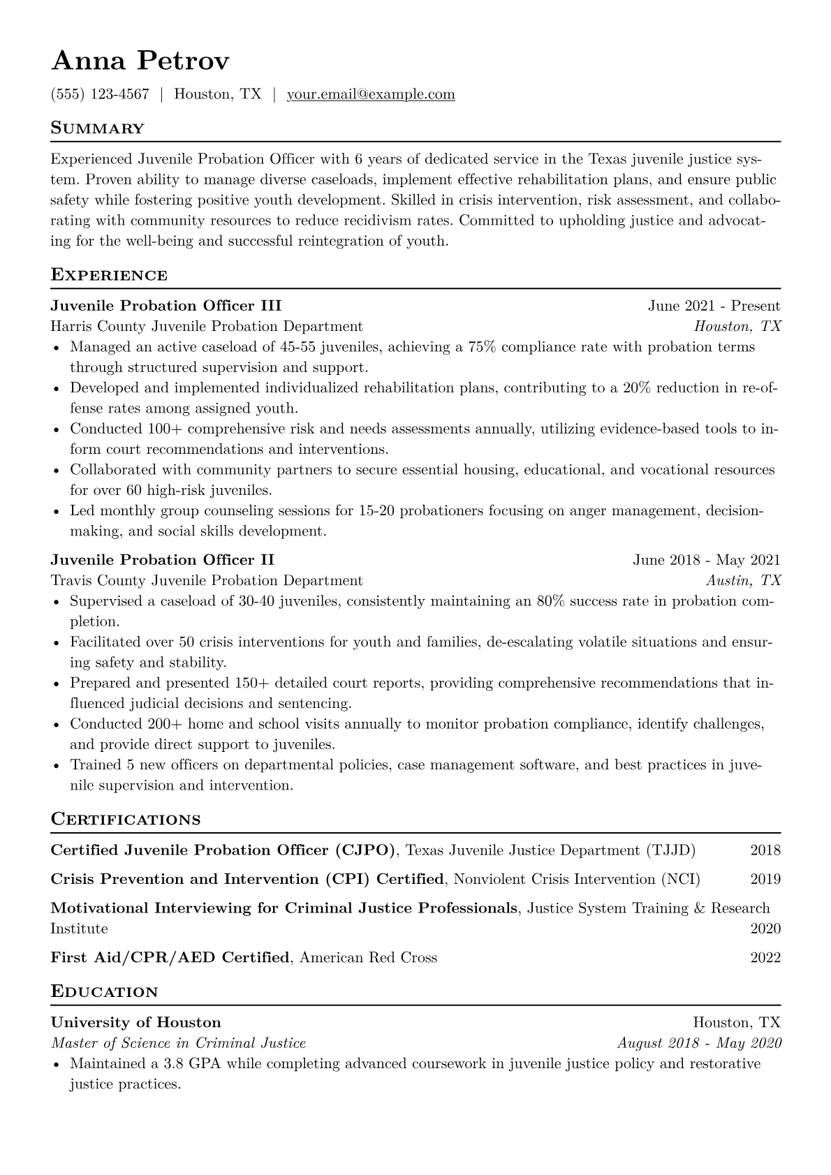 Juvenile Probation Officer Resume Example CV template - Page 1
