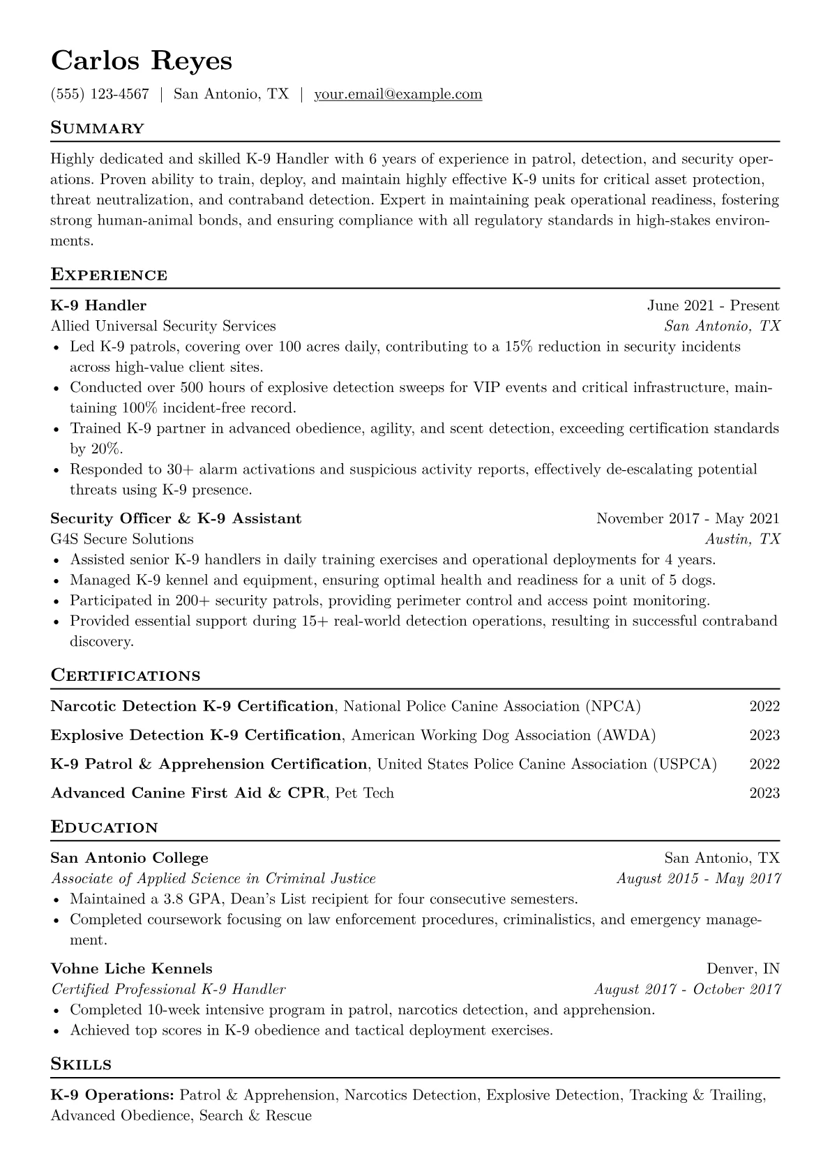 K-9 Handler Resume Example CV template - Page 1