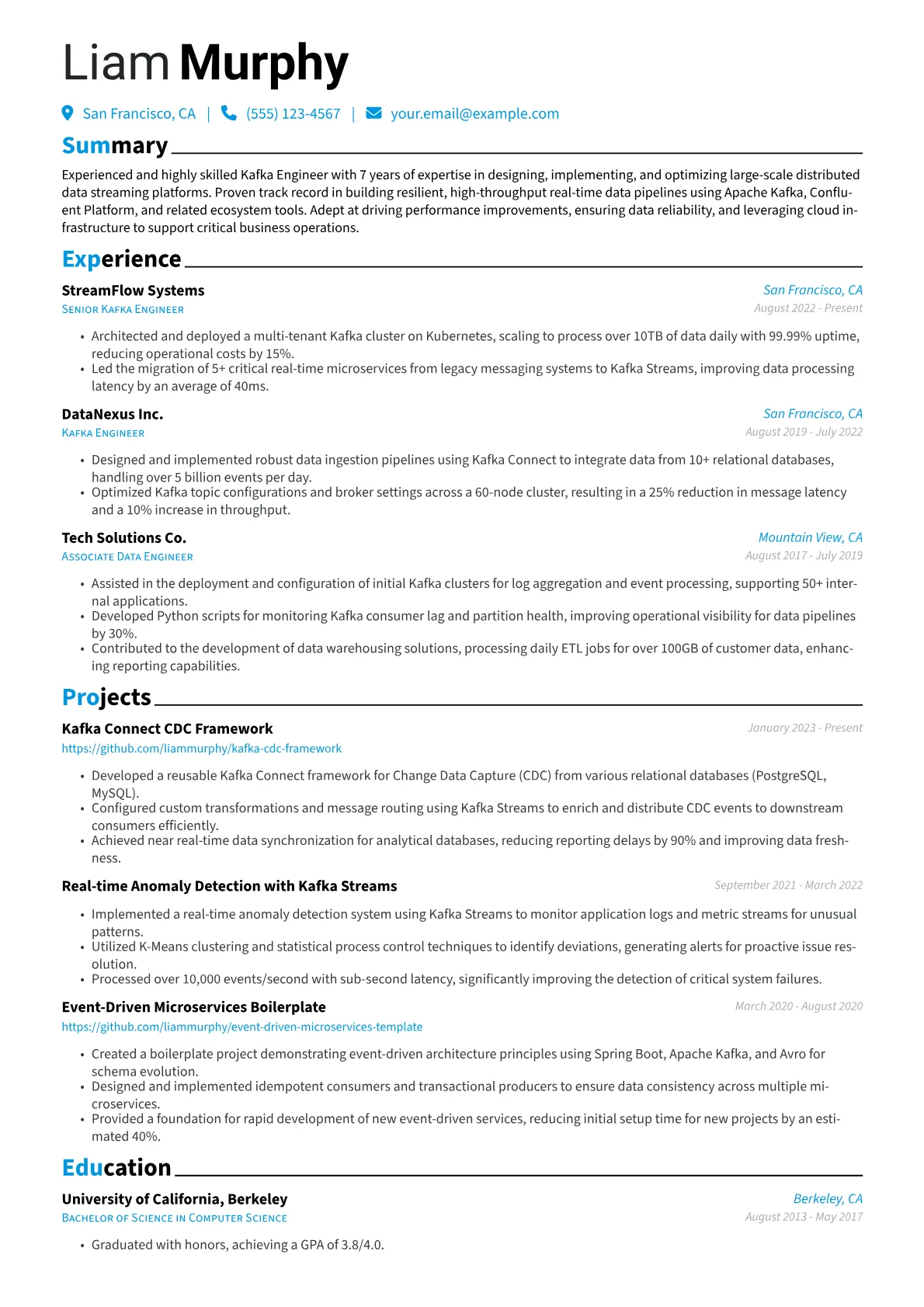 Kafka Engineer Resume Example CV template - Page 1