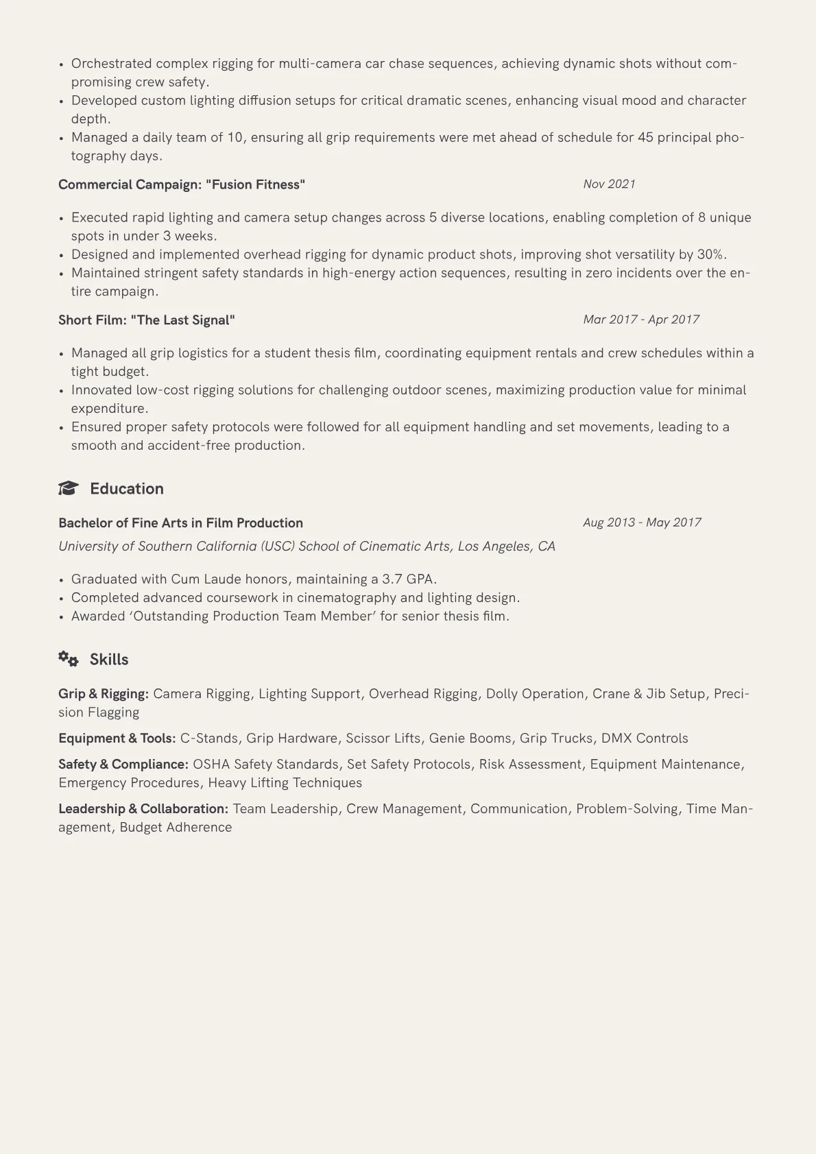 Key Grip Resume Example CV template - Page 2