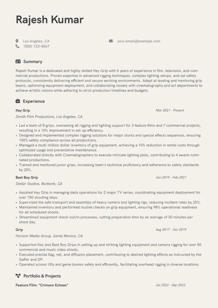 Key Grip Resume Example CV template preview