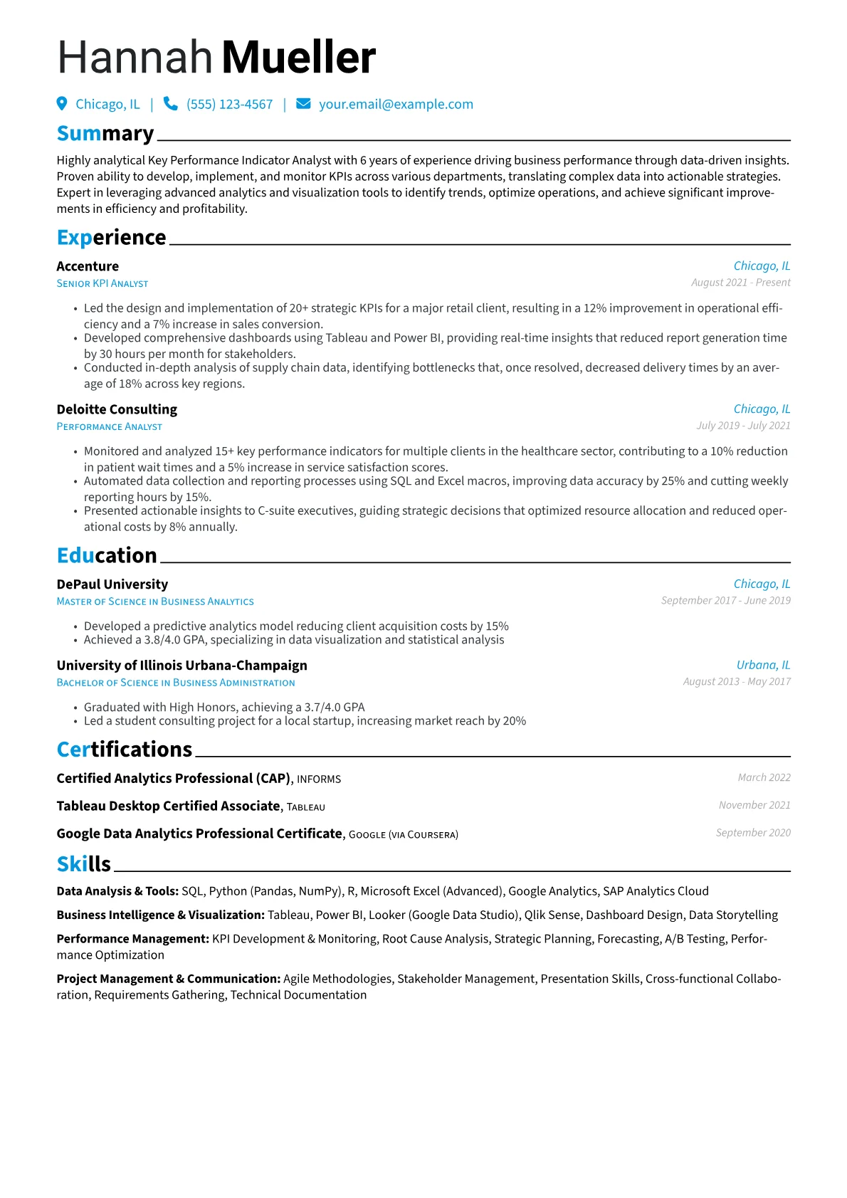 Key Performance Indicator Analyst Resume Example CV template - Page 1