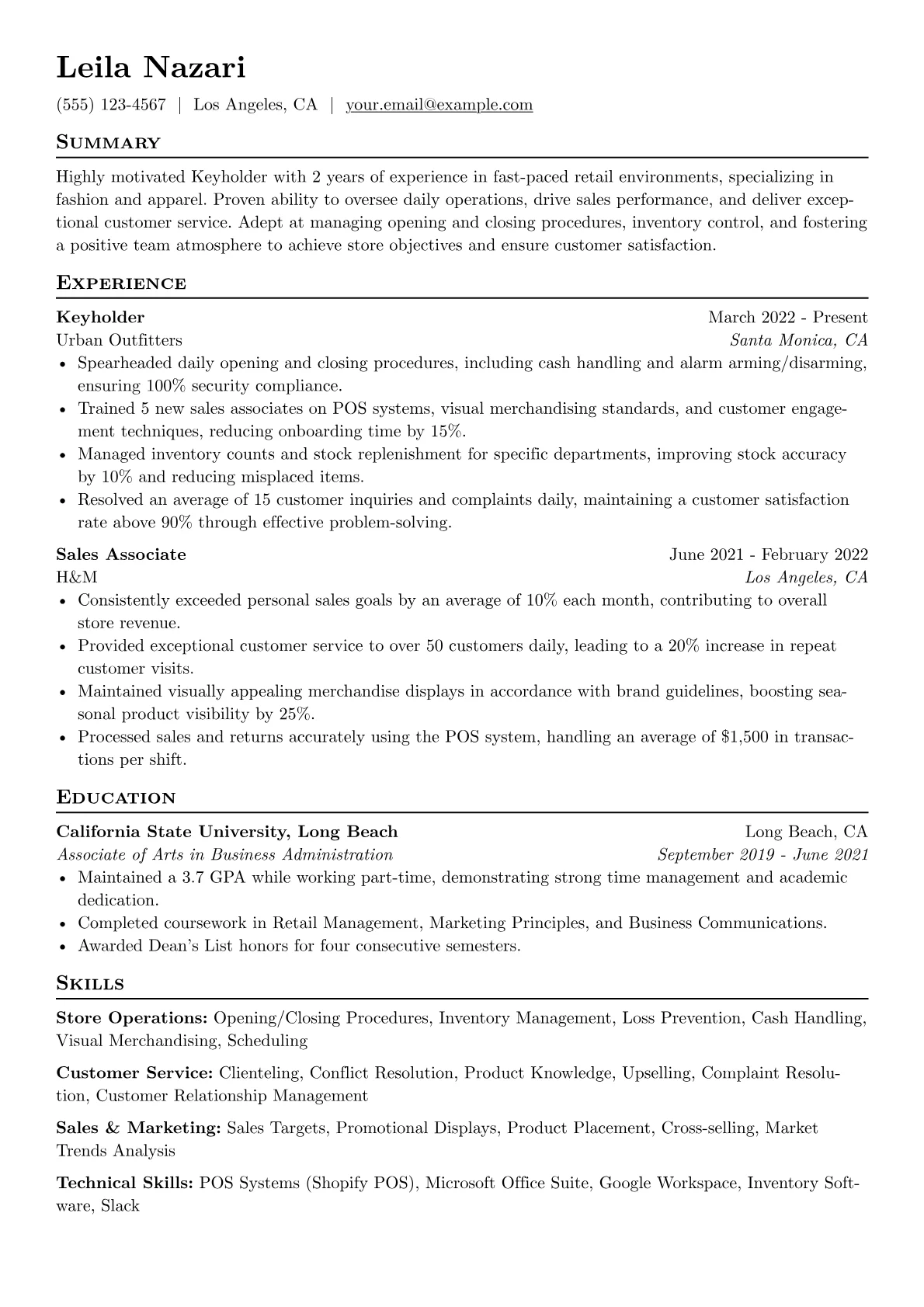 Keyholder Resume Example CV template - Page 1