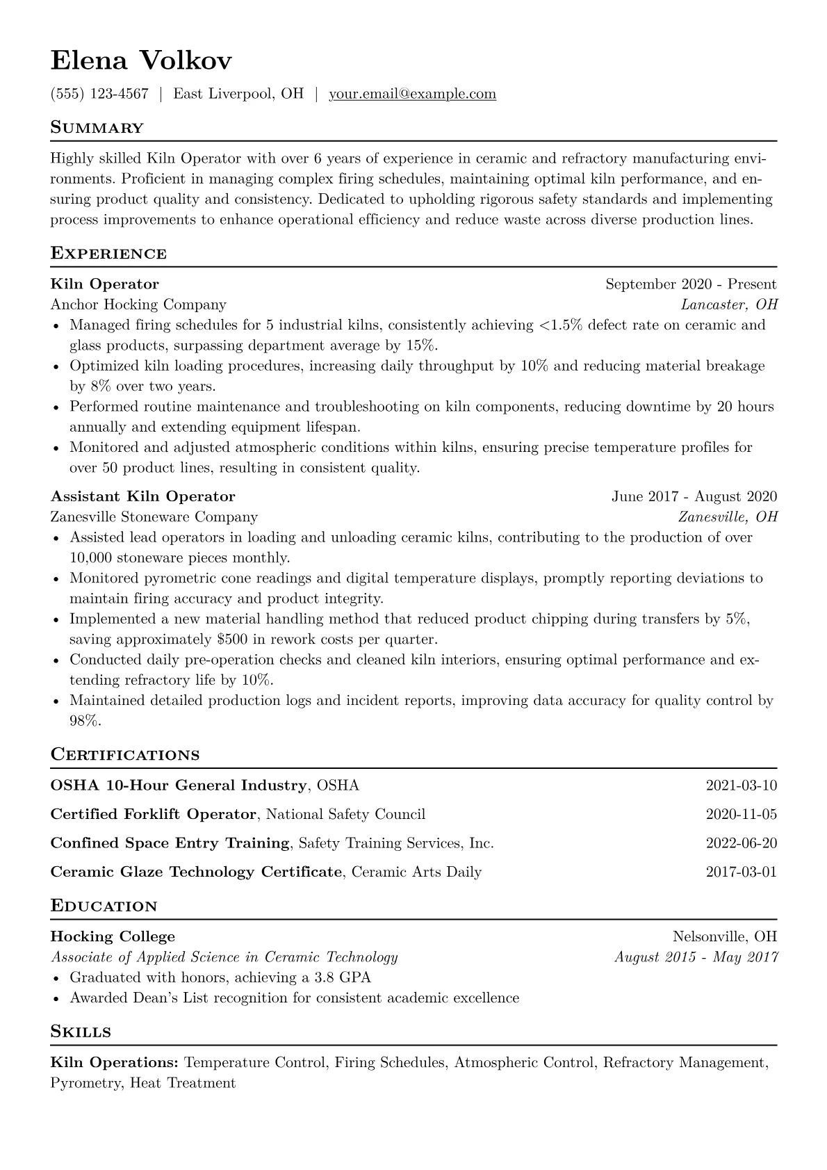 Kiln Operator Resume Example CV template - Page 1