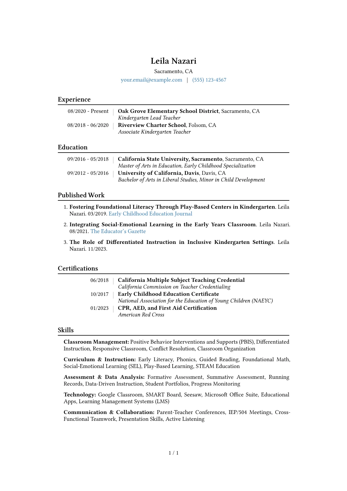 Kindergarten Teacher Resume Example CV template - Page 1