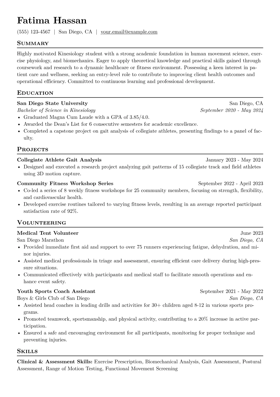 Kinesiology Student Resume Example CV template - Page 1