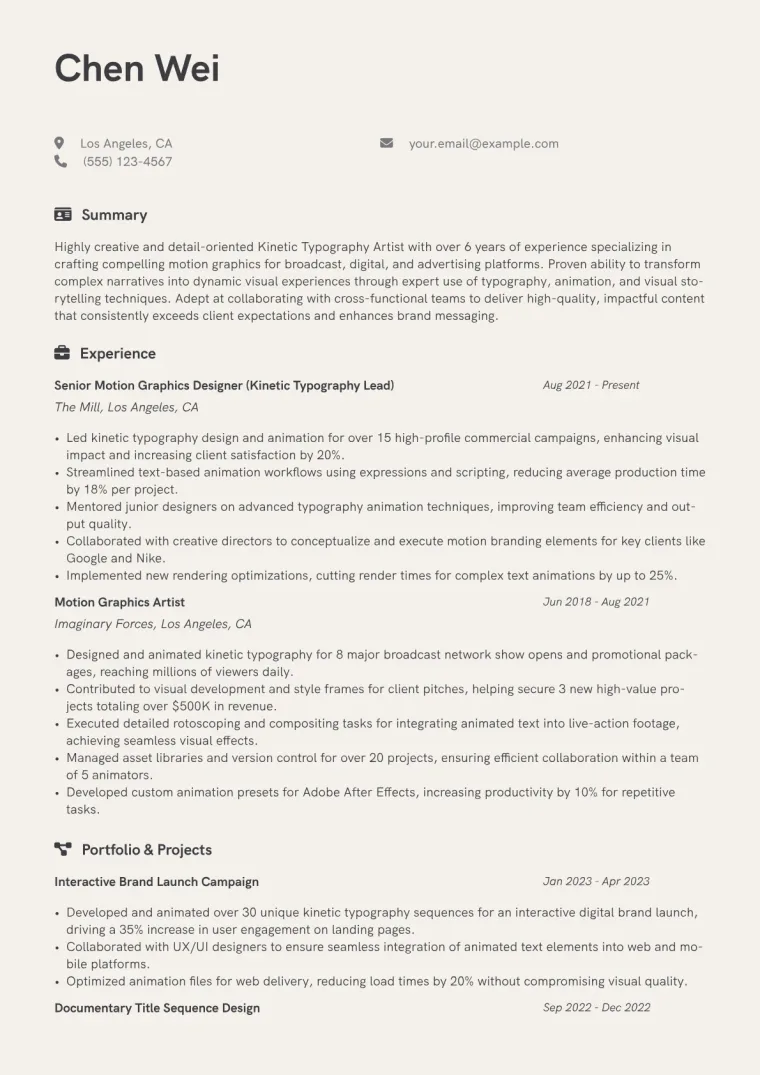Kinetic Typography Artist Resume Example CV template preview
