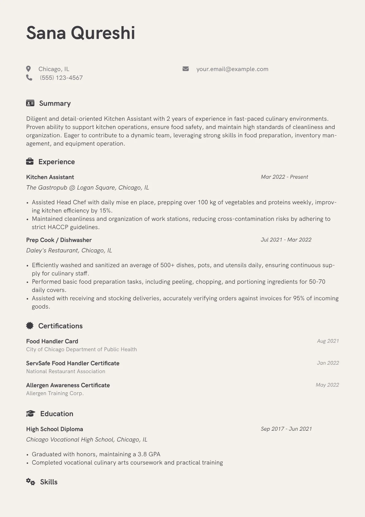 Kitchen Assistant Resume Example CV template - Page 1