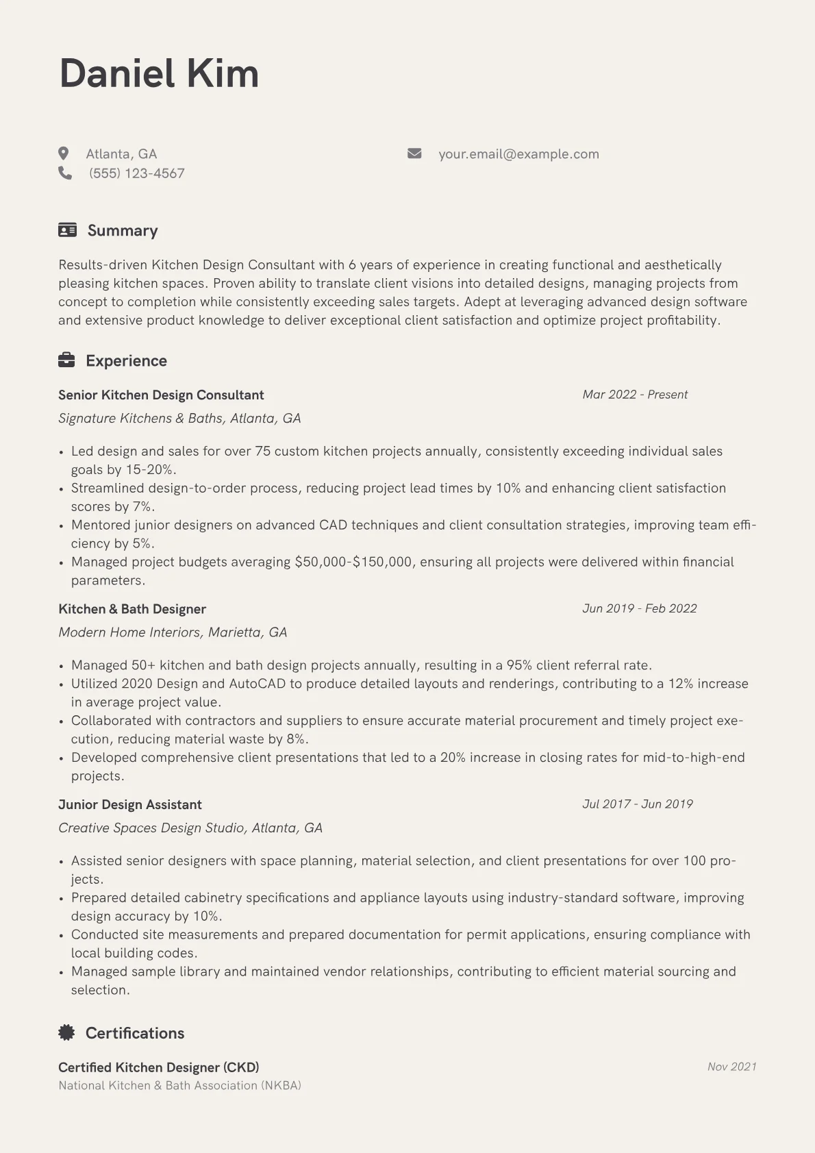 Kitchen Design Consultant Resume Example CV template - Page 1