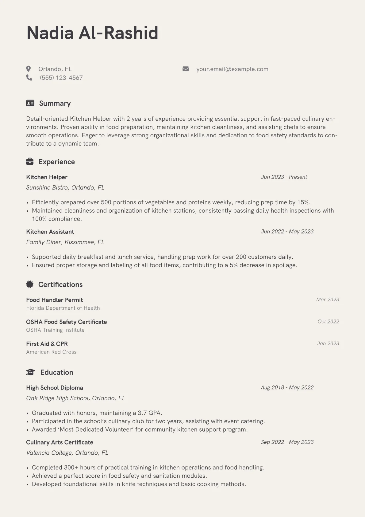 Kitchen Helper Resume Example CV template - Page 1