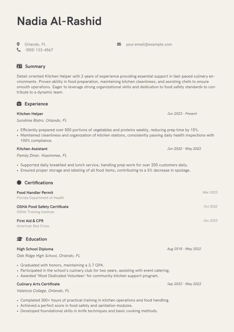 Kitchen Helper Resume Example CV template preview