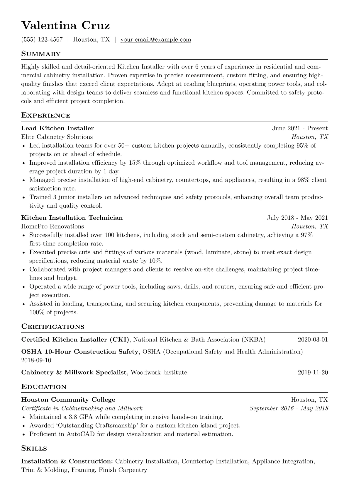 Kitchen Installer Resume Example CV template - Page 1