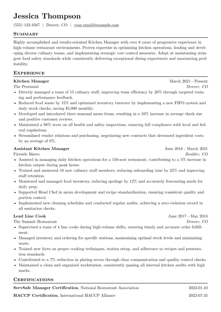 Kitchen Manager Resume Example CV template preview