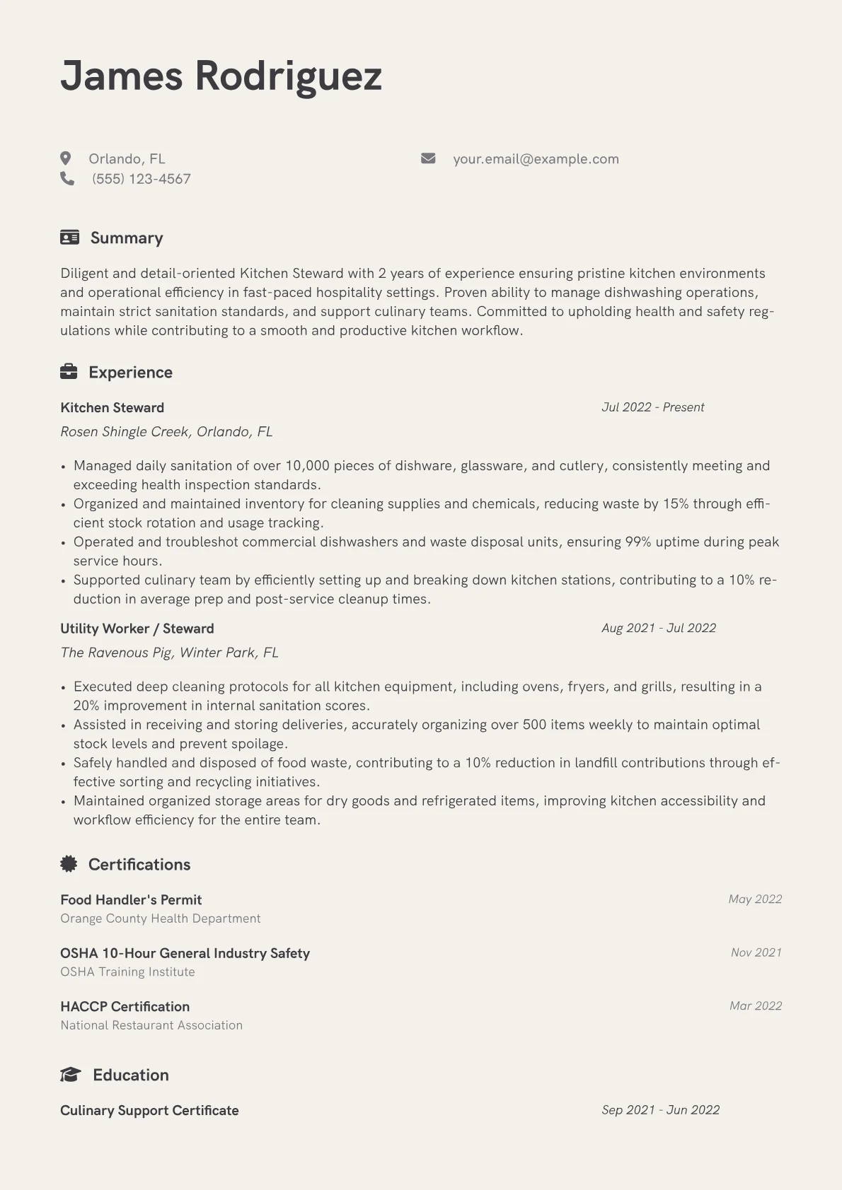 Kitchen Steward Resume Example CV template - Page 1