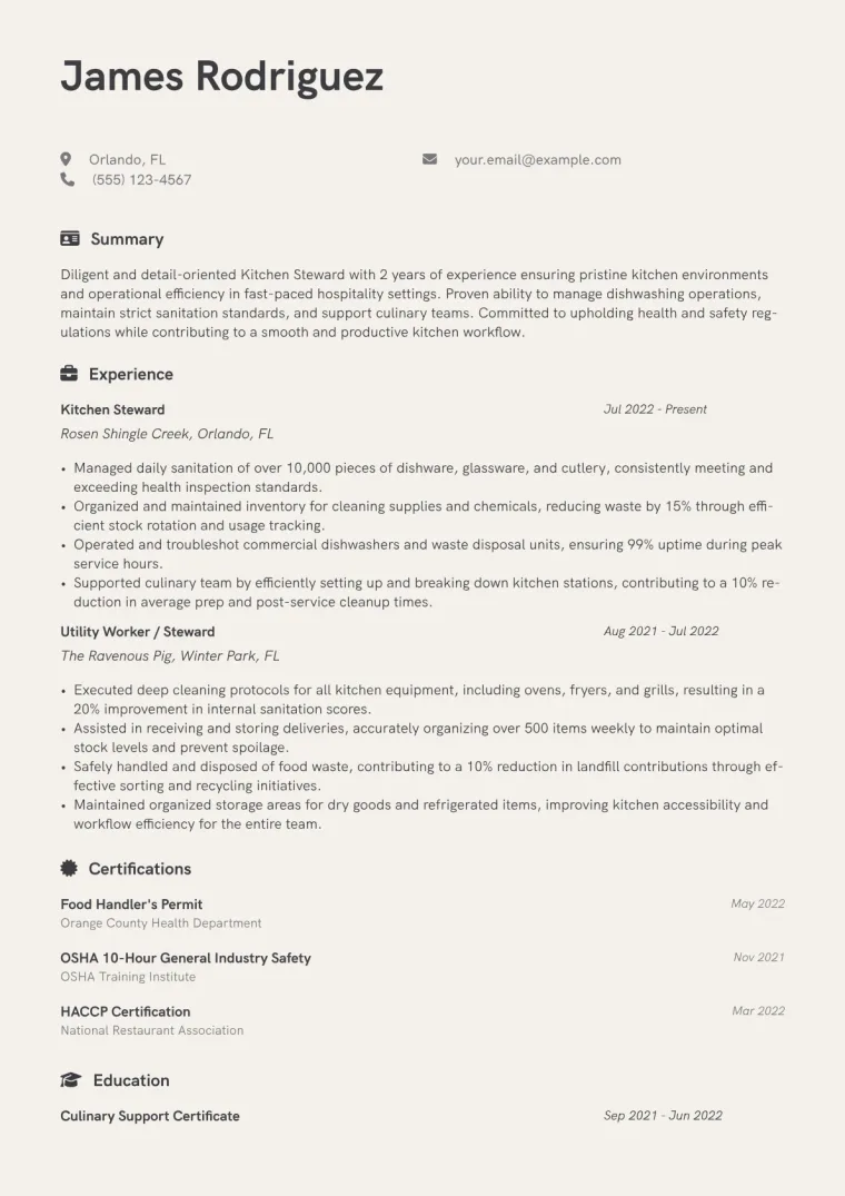 Kitchen Steward Resume Example CV template preview