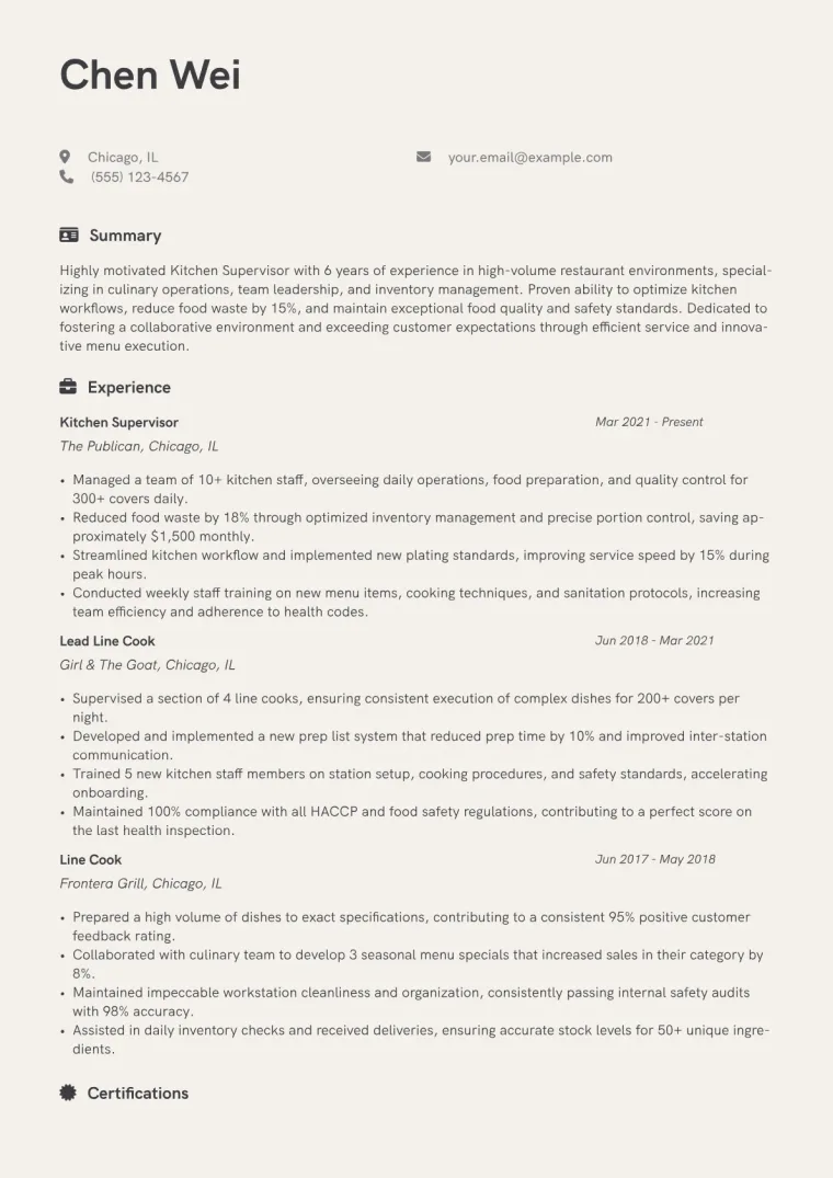 Kitchen Supervisor Resume Example CV template preview