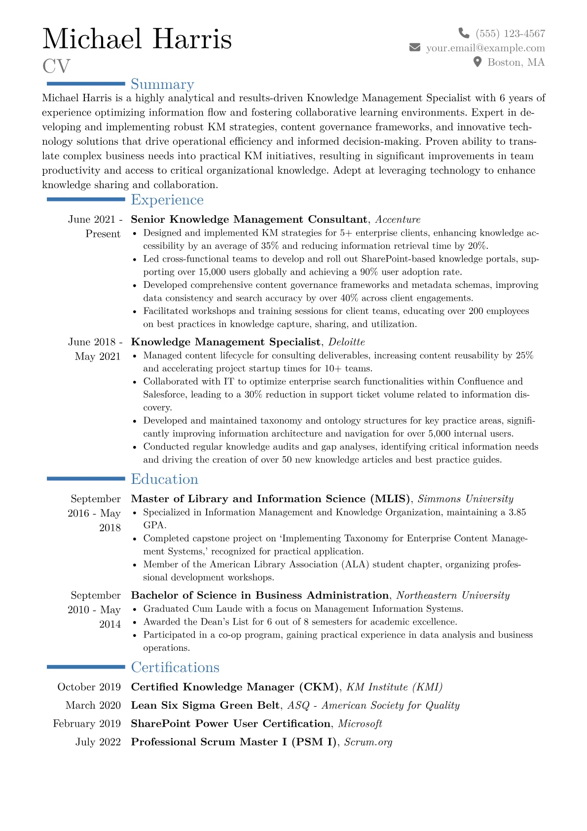 Knowledge Management Specialist Resume Example CV template - Page 1