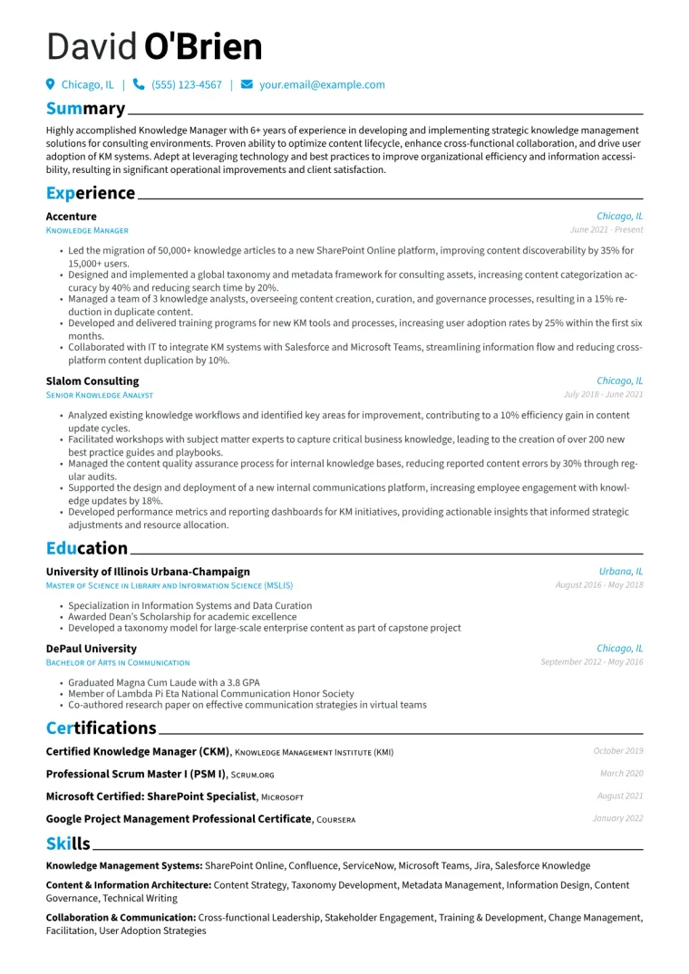 Knowledge Manager Resume Example CV template preview