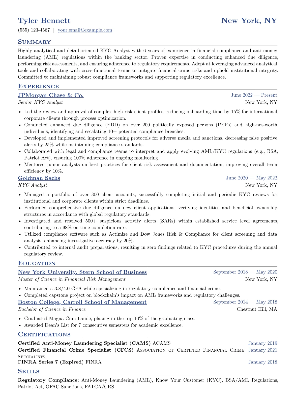 KYC Analyst Resume Example CV template - Page 1