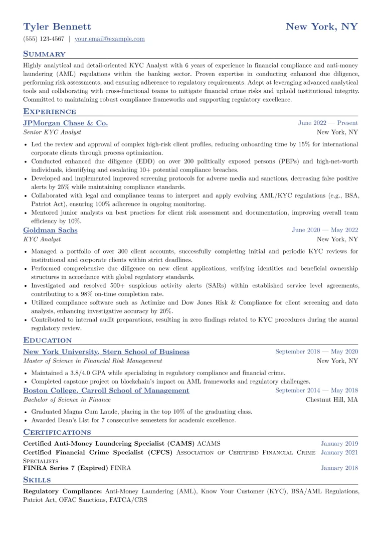KYC Analyst Resume Example CV template preview
