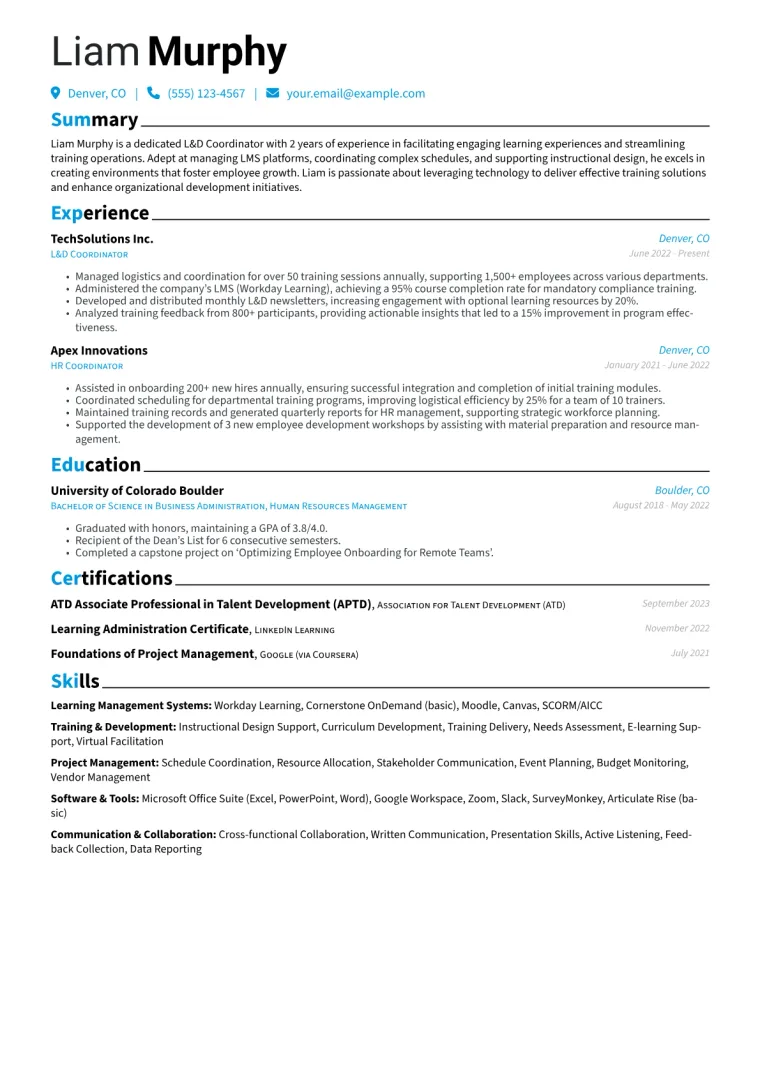 L&D Coordinator Resume Example CV template preview