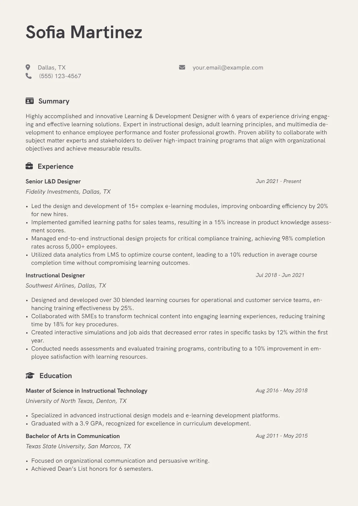 L&D Designer Resume Example CV template - Page 1