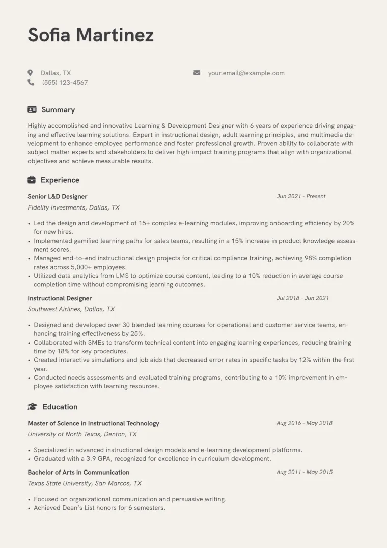 L&D Designer Resume Example CV template preview