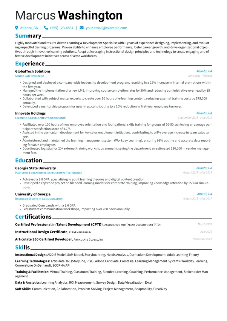 L&D Specialist Resume Example CV template preview