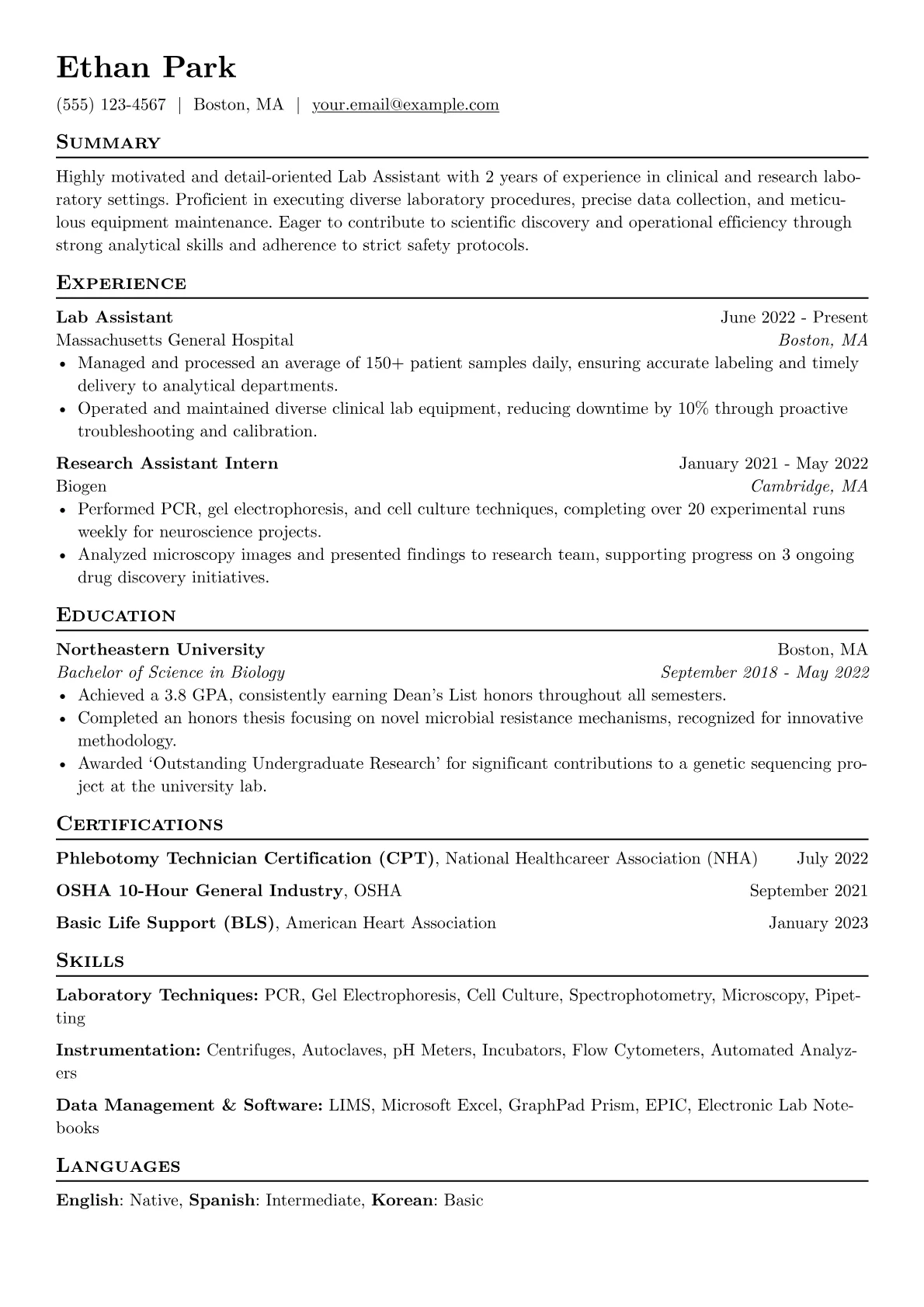 Lab Assistant Resume Example CV template - Page 1