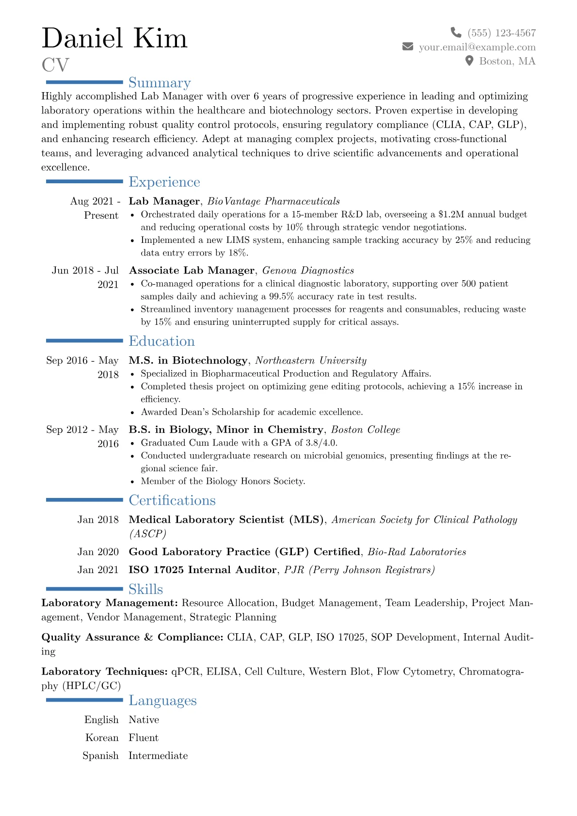 Lab Manager Resume Example CV template - Page 1