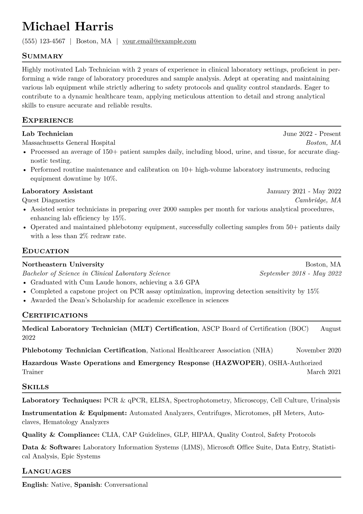Lab Technician Resume Example CV template - Page 1