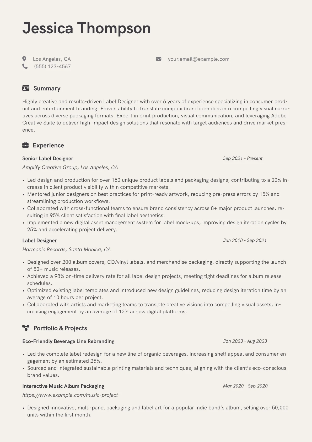 Label Designer Resume Example CV template - Page 1