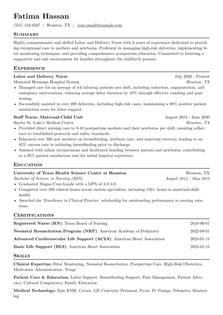 Labor and Delivery Nurse Resume Example CV template preview