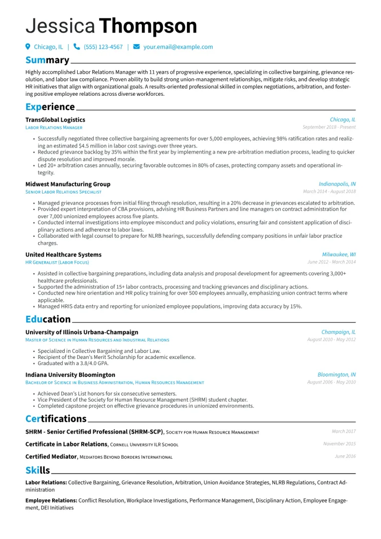 Labor Relations Manager Resume Example CV template preview