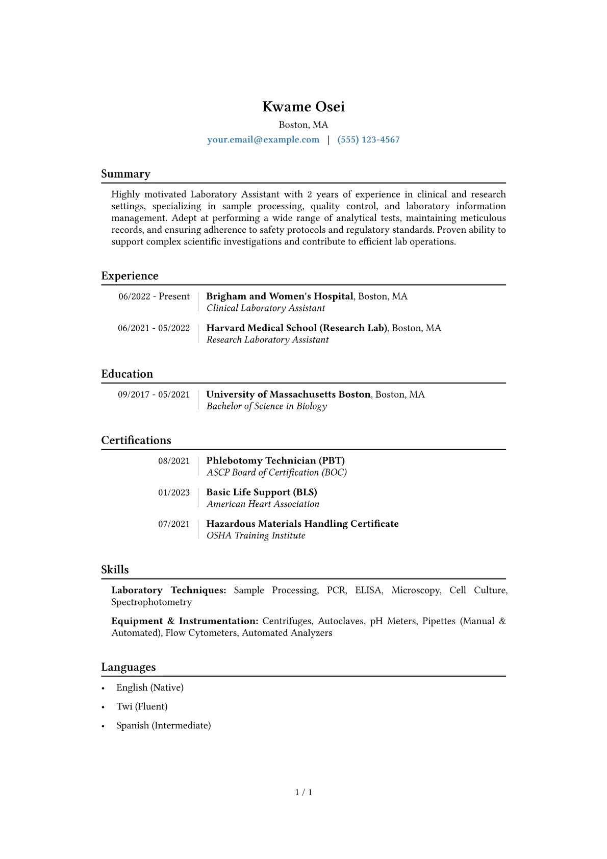 Laboratory Assistant Resume Example CV template - Page 1