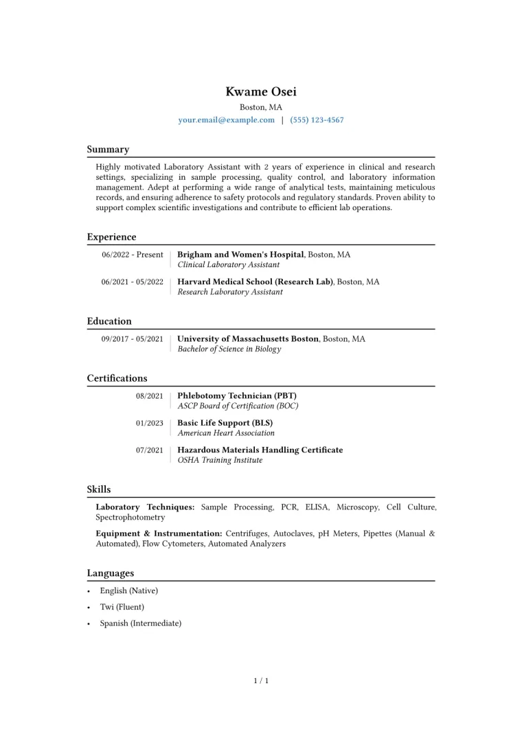 Laboratory Assistant Resume Example CV template preview