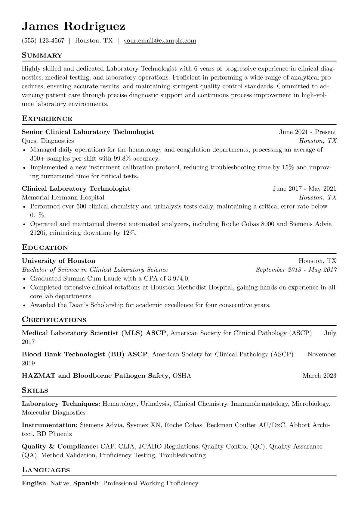 Laboratory Technologist Resume Example CV template - Page 1