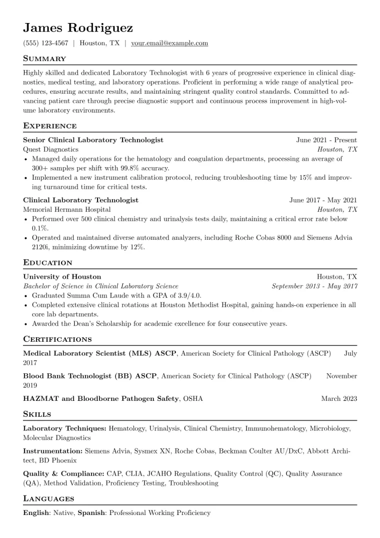 Laboratory Technologist Resume Example CV template preview