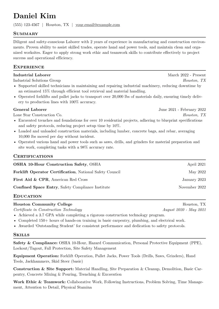 Laborer Resume Example